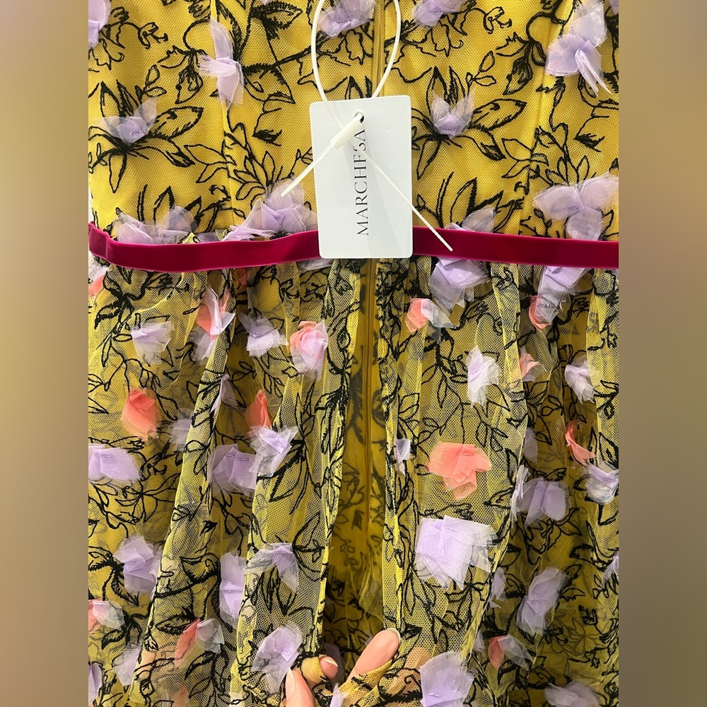 Marchesa Yellow Floral V-Neck Tiered Maxi with Pink Belt - Picture 10 of 11